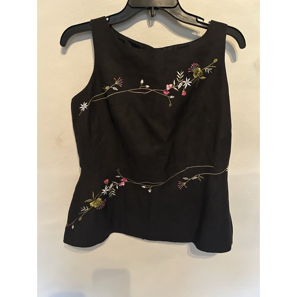 Poetic Vintage Black Floral Embroidered Sleeveless Button Detail Top Size 9/10